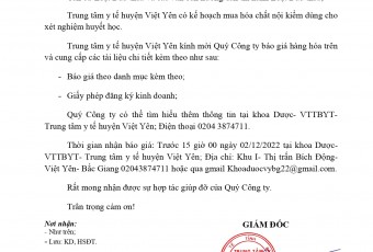 THƯ MỜI BÁO GIÁ (Mẫu nội kiểm cho xét nghiệm huyết học)