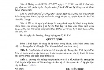 Quyết định phê duyệt bổ sung danh mục kỹ thuật trong khám chữa bệnh tại Trung tâm Y tế Việt Yên