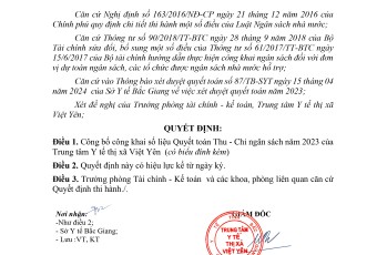 Công khai Quyết toán thu chi ngân sách nhà nước năm 2023 của TTYT thị xã Việt Yên
