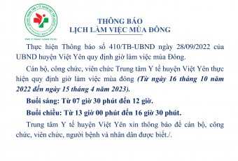 THÔNG BÁO LỊCH LÀM VIỆC MÙA ĐÔNG
